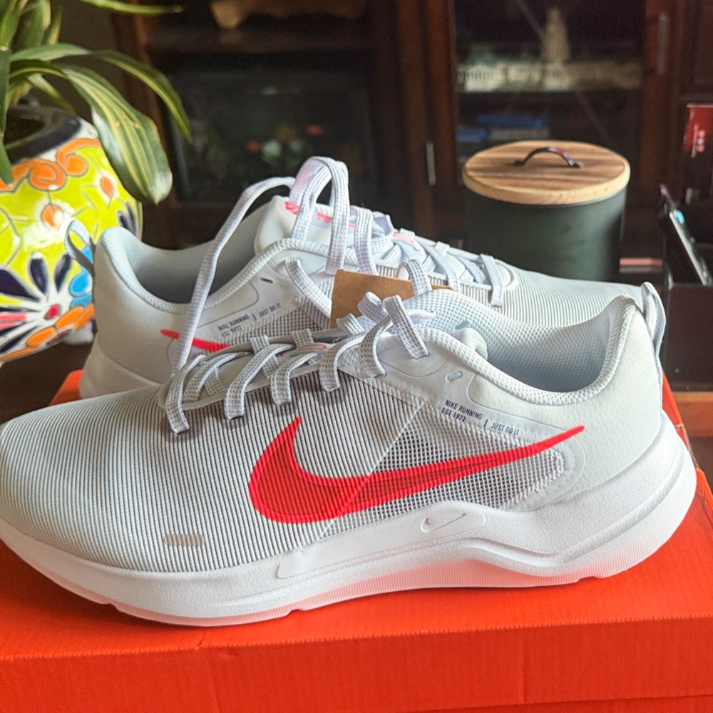 Nike Downshifter 12 in Football Grey and Bright Crimson, Size Men’s 10 US